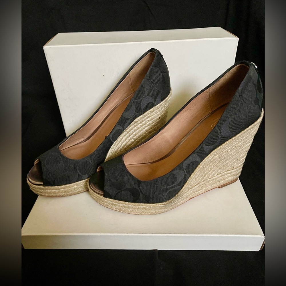 Coach, black & natural peep toe espadrille wedges